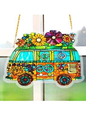 Suncatcher Hippie Van Peace Sign Flowers Hanging Window Colorful Decor in/out